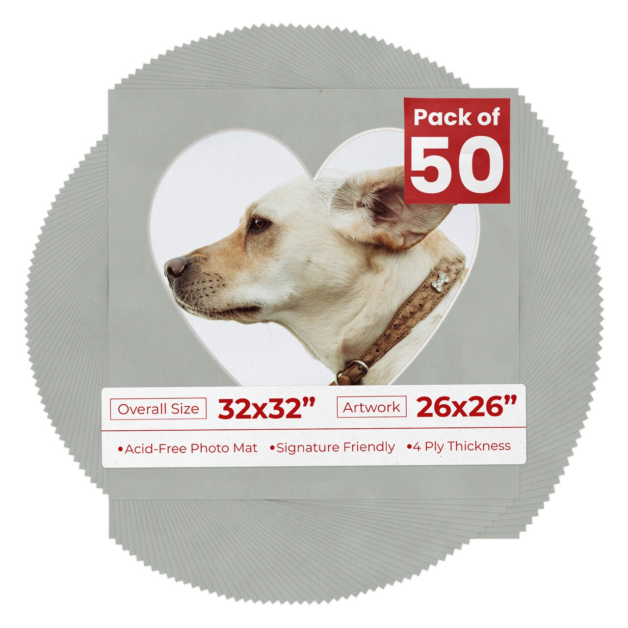 Light Grey Suede Mat Board for 32x32 Frames - Heart Opening for 26x26 Photos